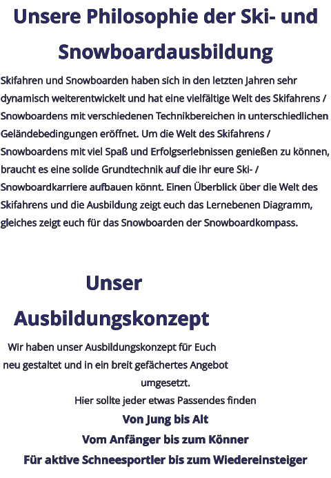 Unsere Philosophie der Ski- und Snowboardausbildung Skifahren und Snowboarden haben sich in den letzten Jahren sehr dynamisch weiterentwickelt und hat eine vielfältige Welt des Skifahrens / Snowboardens mit verschiedenen Technikbereichen in unterschiedlichen Geländebedingungen eröffnet. Um die Welt des Skifahrens / Snowboardens mit viel Spaß und Erfolgserlebnissen genießen zu können, braucht es eine solide Grundtechnik auf die ihr eure Ski- / Snowboardkarriere aufbauen könnt. Einen Überblick über die Welt des Skifahrens und die Ausbildung zeigt euch das Lernebenen Diagramm, gleiches zeigt euch für das Snowboarden der Snowboardkompass.    Unser Ausbildungskonzept Wir haben unser Ausbildungskonzept für Euch neu gestaltet und in ein breit gefächertes Angebot umgesetzt. Hier sollte jeder etwas Passendes finden Von Jung bis Alt Vom Anfänger bis zum Könner Für aktive Schneesportler bis zum Wiedereinsteiger