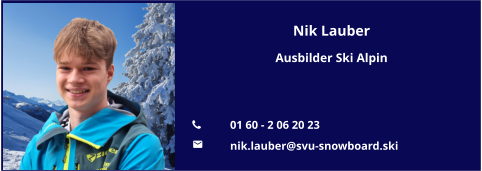 Nik Lauber Ausbilder Ski Alpin   	01 60 - 2 06 20 23 	nik.lauber@svu-snowboard.ski